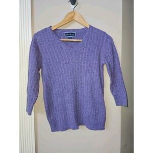 Karen Scott Cable Knit Sweater Size Medium V Neck Tan Purple Classic